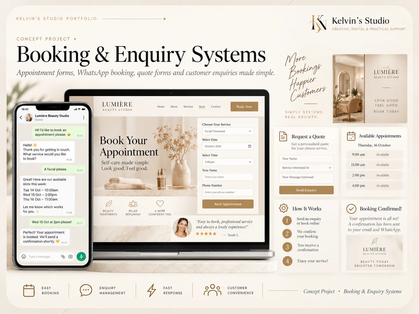 Kelvin's Studio — Booking & Enquiry Systems concept board