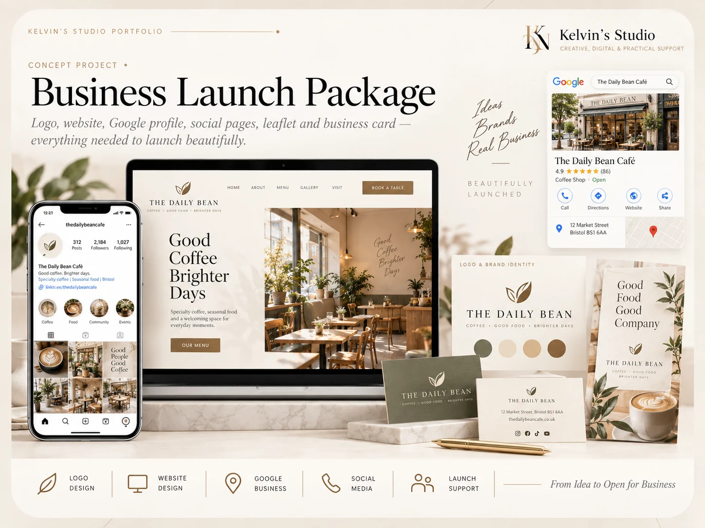 Kelvin's Studio — Business Launch Package concept board