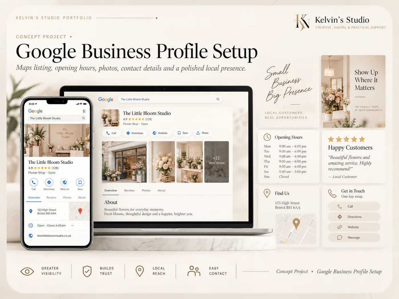 Kelvin's Studio — Google Business Profile Setup concept board