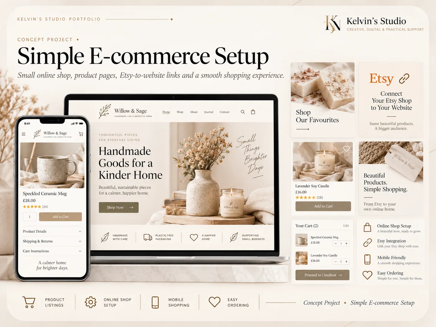Kelvin's Studio — Simple E-commerce Setup concept board