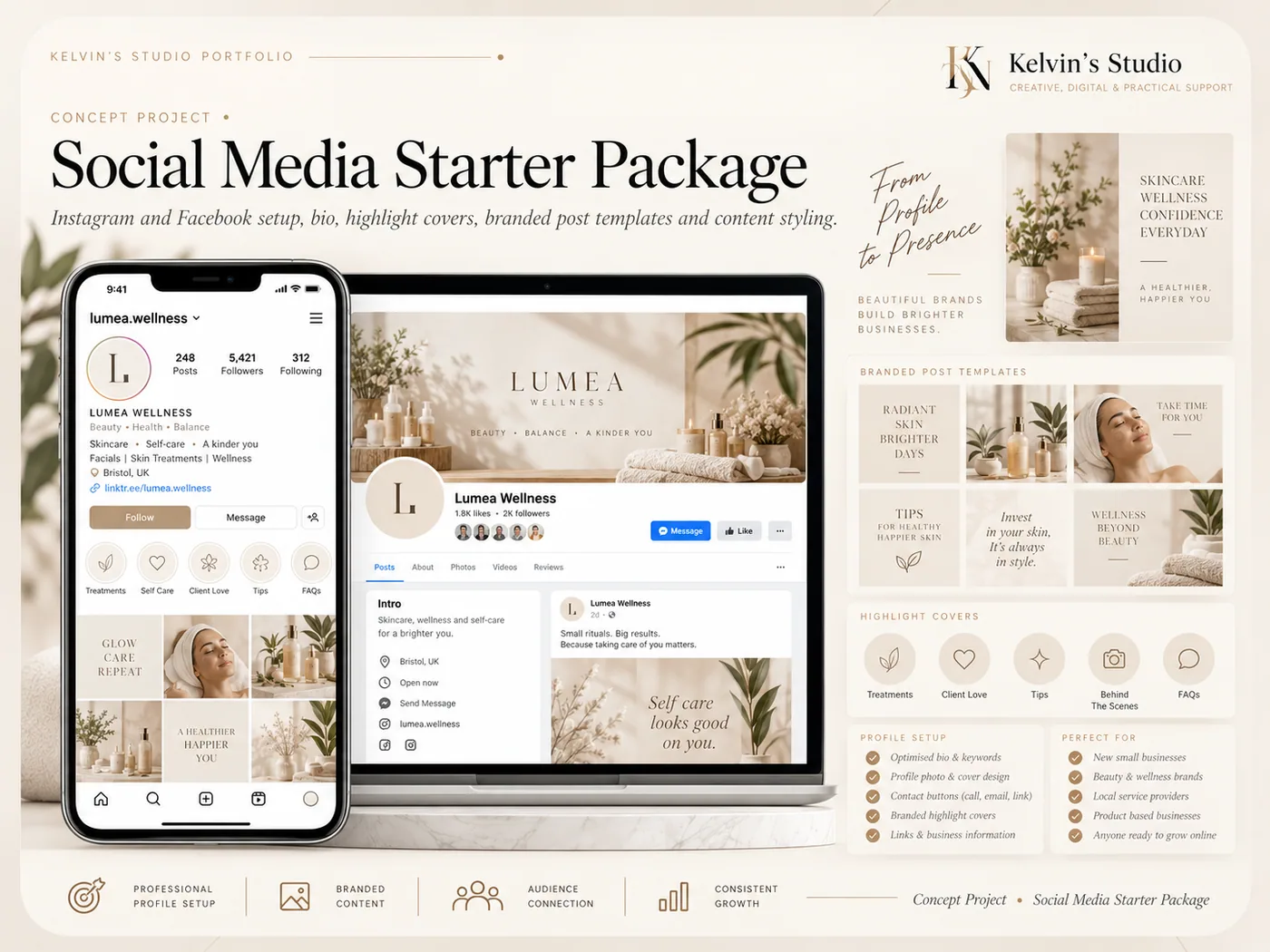 Kelvin's Studio — Social Media Starter Package concept board