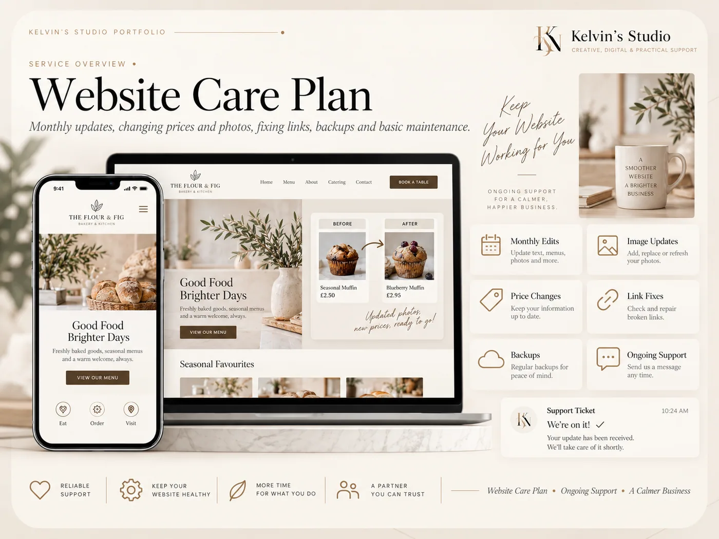 Kelvin's Studio — Website Care Plan concept board