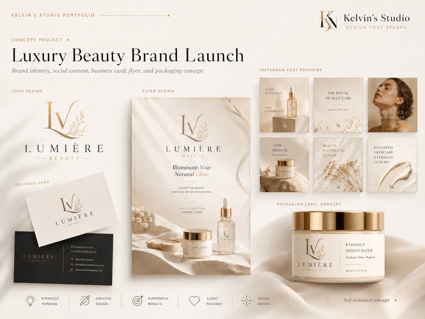 Kelvin's Studio portfolio board — Lumière Beauty brand launch: identity, social content, business card, flyer and packaging label