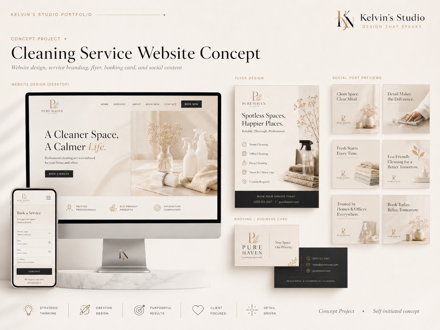 Kelvin's Studio portfolio board — Pure Haven cleaning service: website design, service branding, flyer, booking card and social content