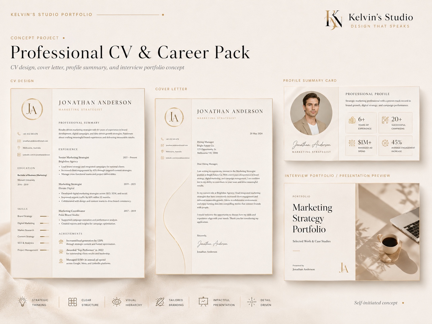 Kelvin's Studio portfolio board — professional CV and career pack: CV design, cover letter, profile summary card and interview portfolio