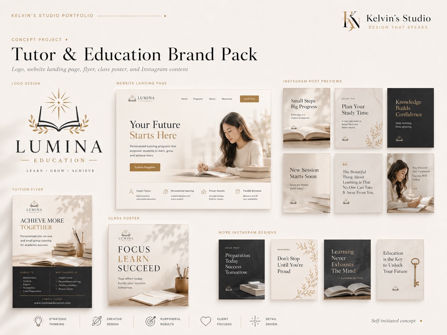 Kelvin's Studio portfolio board — Lumina Education brand pack: logo, website landing page, tuition flyer, class poster and Instagram content