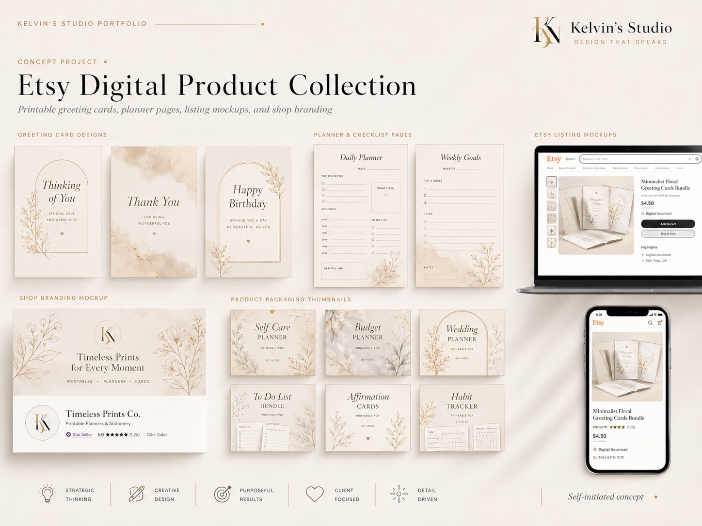 Kelvin's Studio portfolio board — digital product collection: greeting cards, planner pages, listing mockups and shop branding