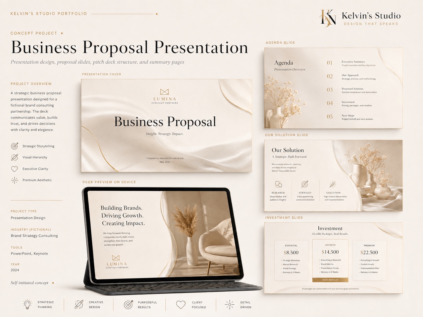 Kelvin's Studio portfolio board — Lumina Strategy Partners business proposal: presentation cover, agenda, solution and investment slides